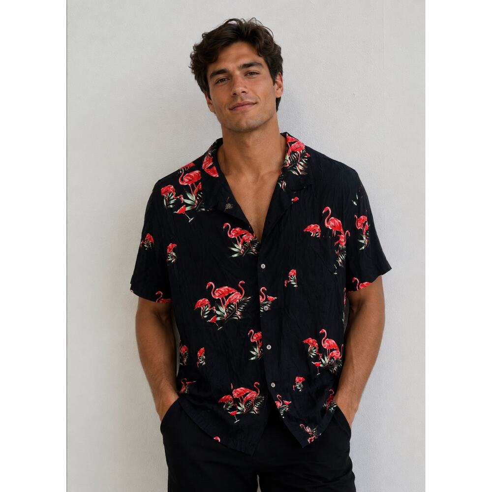 28 PALMS Black Pink Flamingo Printed Design Button Down Beachy Shirt size XL